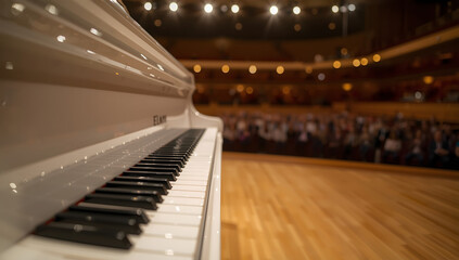 A white grand piano on a concert hall stage, with an audience in the background.