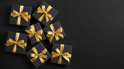 A collection of black gift boxes with golden ribbons and bows are arranged on a dark surface, leaving copy space for a festive message