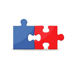 Two puzzle pieces, blue and red, interlock perfectly against a white background, symbolizing connection and collaboration.