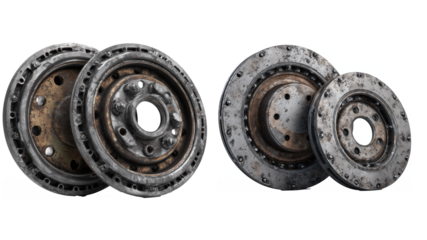 Two Rusty And Worn Brake Discs In Various Sizes On Transparent Background
