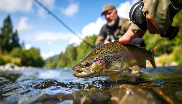 A vibrant rainbow trout is caught in a rushing river, held by a fisherman's hand against a backdrop of lush greenery.