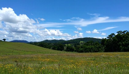 Serene countryside view with a vibrant meadow and picturesque cloudscape