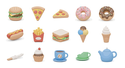 Assortment of cartoon food items displayed on a white surface, evoking a playful and whimsical mood, suitable for children's content or foodrelated projects.