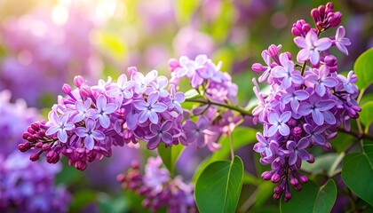 Obraz premium A vibrant display of lilac blossoms in a lush garden setting, bathed in soft sunlight.