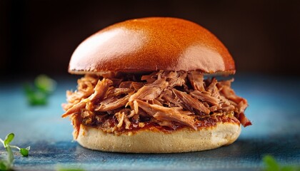 juicy burger patty made from slow cooked pulled pork atop a soft bun