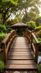 A serene wooden bridge extends through a tranquil garden, leading to a thatched gazebo.