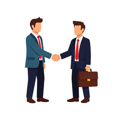 Two businessmen in suits shake hands, signifying a successful business deal against a clean white background.