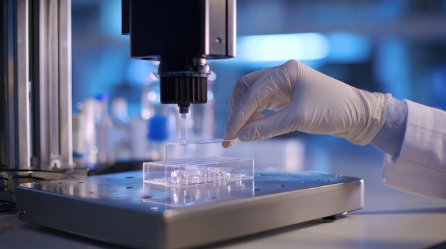 Medium shot capturing the insertion of a transparent plastic sheet into an FTIR spectrometer emphasizing the texture detail with a softly blurred lab environment.