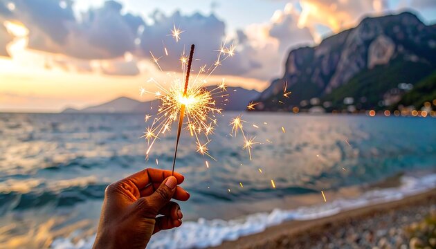 A hand holding a sparkler illuminates the sunset over a tranquil seaside scene.