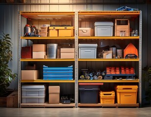 a well organized garage with neatly stacked boxes and shelves filled with various tools and storage containers giving a sense of order and precision garage clean