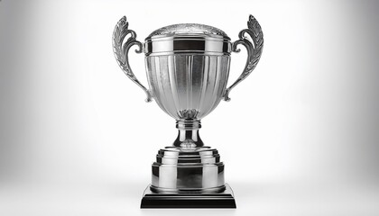 a photostock of a silver trophy cup with an engraved base isolated on a white background shiny and victorious high quality
