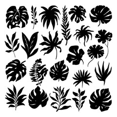 Obraz premium A collection of stylized black silhouettes of tropical leaves and plants.