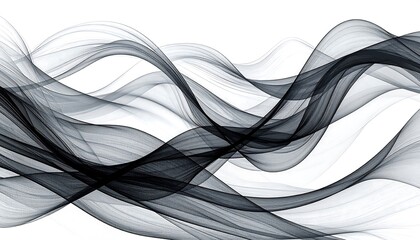 Abstract design featuring flowing, layered lines of dark gray and black against a white background.
