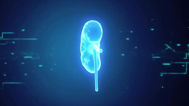 Futuristic glowing kidney illustration with digital background, representing health and technology