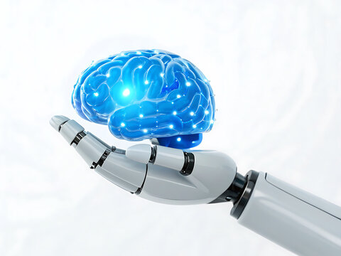 A robotic hand holding a glowing blue brain with interconnected nodes on a plain white background