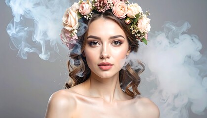 A captivating portrait of a woman adorned with a delicate floral crown, surrounded by ethereal wisps of smoke, showcasing radiant beauty and elegance.