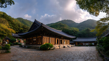 Traditional Korean temple complex nestled amongst lush green mountains under a cloudy sky.