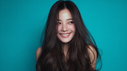 Radiant Asian woman with long dark hair smiling brightly against vibrant blue background