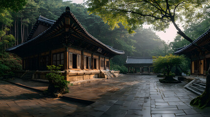 Traditional Korean temple complex nestled within a lush, verdant forest, showcasing architectural details.