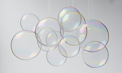 Transparent Floating Bubbles with Rainbow Reflections Against White Background