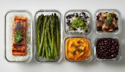 Healthy meal prep containers with grilled salmon, asparagus, rice, sweet potato, black beans, and potatoes