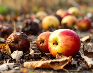 A close-up view of various apples, some fresh and vibrant, others withered and dried, scattered on the ground covered with autumn leaves.