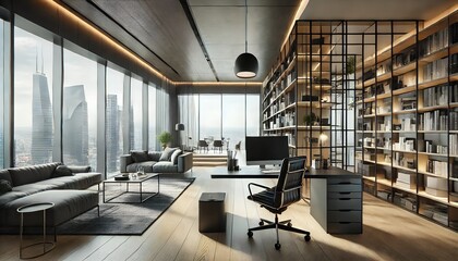 Fototapeta premium Modern executive office with large windows and city view, featuring a desk and seating area