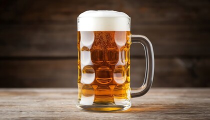 A clear glass beer mug filled with golden beer and a frothy white head sits on a wooden table. The background is a rustic wooden surface.