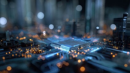 Glowing processor in futuristic cityscape