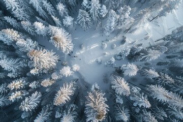 Aerial view of a snow covered forest with a misty clearing and distant figures