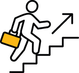 Illustration of a businessman climbing stairs with an upward arrow, symbolizing career growth, success, and progress towards goals in a simple and minimal style