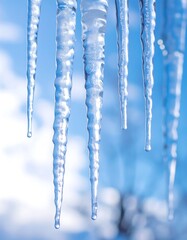 Close-up view of several icicles hanging against a soft-focus backdrop of a light blue sky.