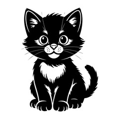 A charming black and white cartoon illustration of a cute kitten sitting upright, smiling.