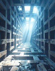 A long, rectangular passageway, lined with gray stone blocks, extends into the distance, bathed in light from a high, unseen source.
