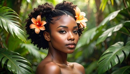 A captivating woman with elegant, curly hair adorned with vibrant orange flowers, gazes confidently into the camera amidst a lush, tropical setting.