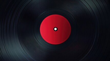 Close-up of a black vinyl record with a red center label, showing grooves and texture.