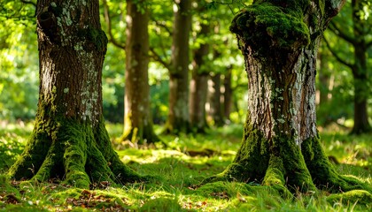 Lush green moss coats the base of ancient trees in a sunlit forest, creating a serene and tranquil scene.