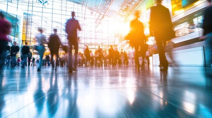 Blurred motion of a large crowd of people walking through a modern, glass-walled building.