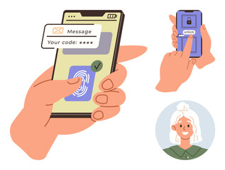 Smartphone with fingerprint scan, verification code input, unlock screen, and smiling user profile. Ideal for security, authentication, technology, user interface, data protection privacy access