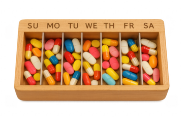 Wooden pill box sorting pills for each day of the week on transparent background