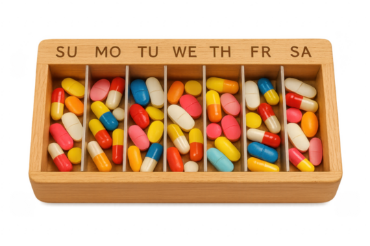 Wooden pill box sorting pills for each day of the week on transparent background