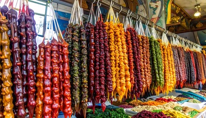A vibrant array of colorful Turkish delight, hanging in a market stall, showcasing a range of textures and hues.