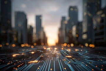 Cityscape at sunset with futuristic circuit board overlay