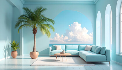 Fototapeta premium Serene Coastal Living Room Design Pastel Blue Interior with Ocean View