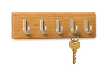 Wooden key holder hanging a gold key with transparent background