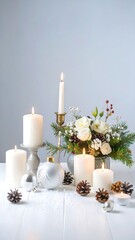 A festive arrangement of white candles, decorative ornaments, and pinecones on a white wooden table, creating a serene and elegant holiday ambiance.