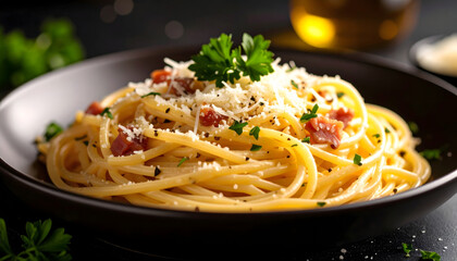 A delicious bowl of classic Italian Spaghetti Carbonara pasta with crispy pancetta, parmesan cheese, and fresh parsley garnish