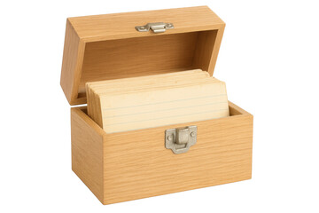 Wooden recipe box containing index cards with transparent background
