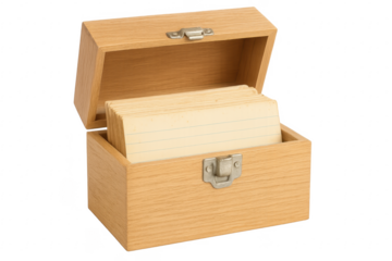 Wooden recipe box containing index cards with transparent background