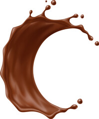 Round circle chocolate drink wave splash with smooth curve and droplets mid air. Vector sweet cocoa liquid in motion fluid dessert and food swirl. Isolated realistic 3d cocoa Brown stream with drops
